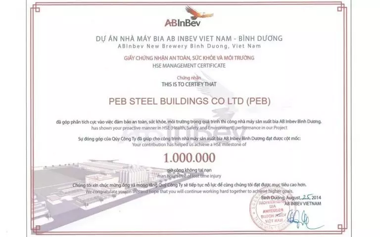 PEB Steel vinh dự nhận Giấy chứng nhận “An toàn, Sức khỏe và Môi trường” từ AB INBEV VIETNAM.