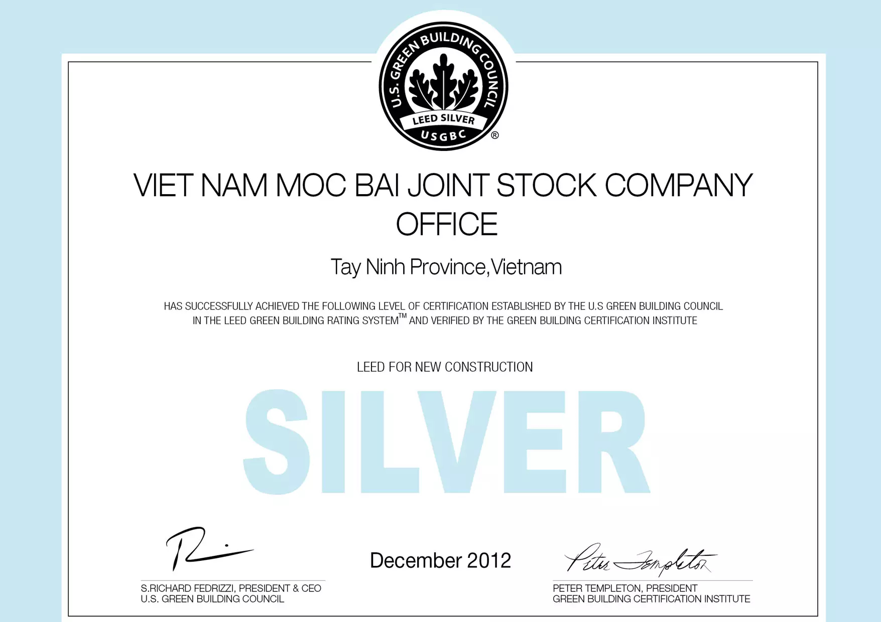 LEED Silver Certificate for Project Taekwang Moc Bai - Pebsteel